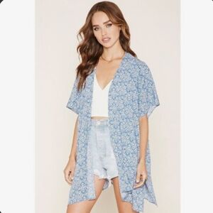 3/$20 Forever 21 Mosaic Print Cardigan Short Sleeve Open Spring Summer Blue